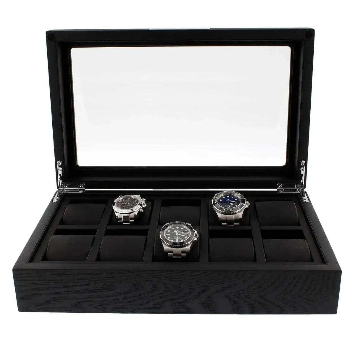 The Tempus Luxury Watch Winders 10 Watch Box Premium Black Oak Veneer features a glass lid, displays three silver watches in a row, and includes padded slots for up to ten timepieces.