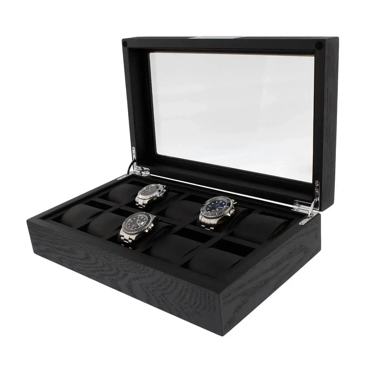 The 10 Watch Box Premium Black Oak Veneer by Tempus Luxury is open, displaying three silver wristwatches. This Tempus Luxury Watch Winders box features a glass lid and several empty compartments for additional watches.