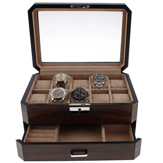 10 Watch Box With Drawer in Natural Dark Walnut Veneer Finish by Aevitas