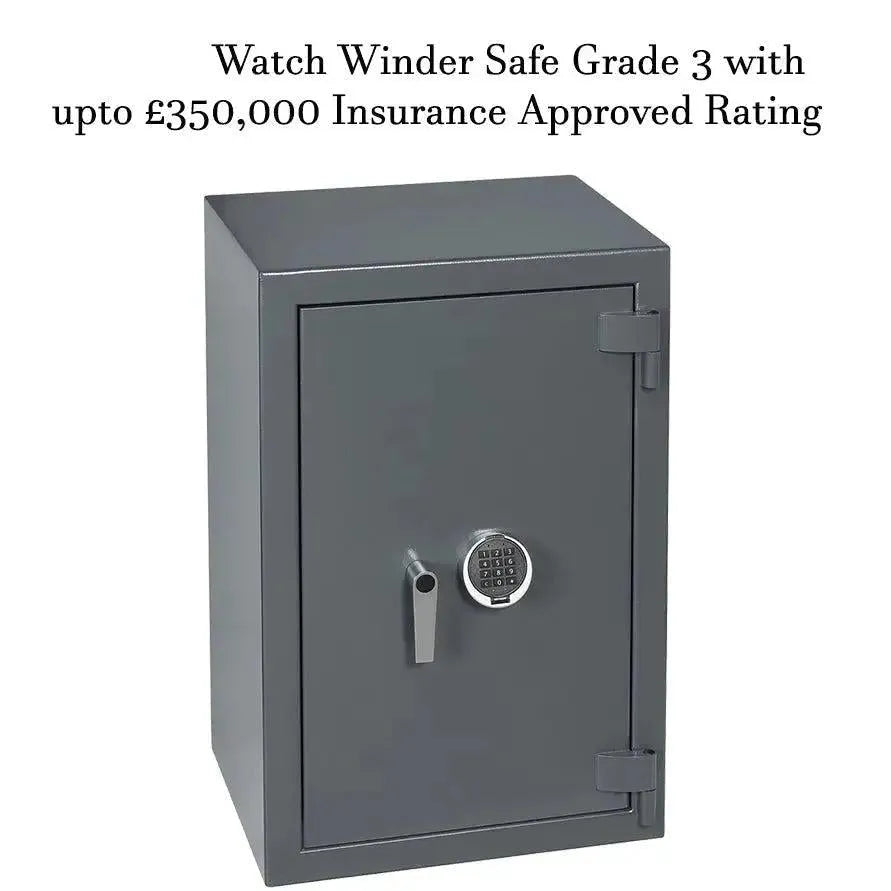 The Tempus Luxury Watch Winders 12 Watch Winder Safe Grade 3 features a keypad lock, handle, and holds 12 watches. Insurance-approved up to £350,000, it stands upright against a plain white background.