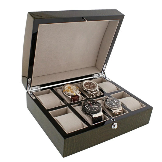 The Tempus Luxury Watch Winders 8 Watch Box features a premium green high-gloss lacquered crocodile print exterior and a soft interior, with compartments to display up to eight wristwatches in elegant style.