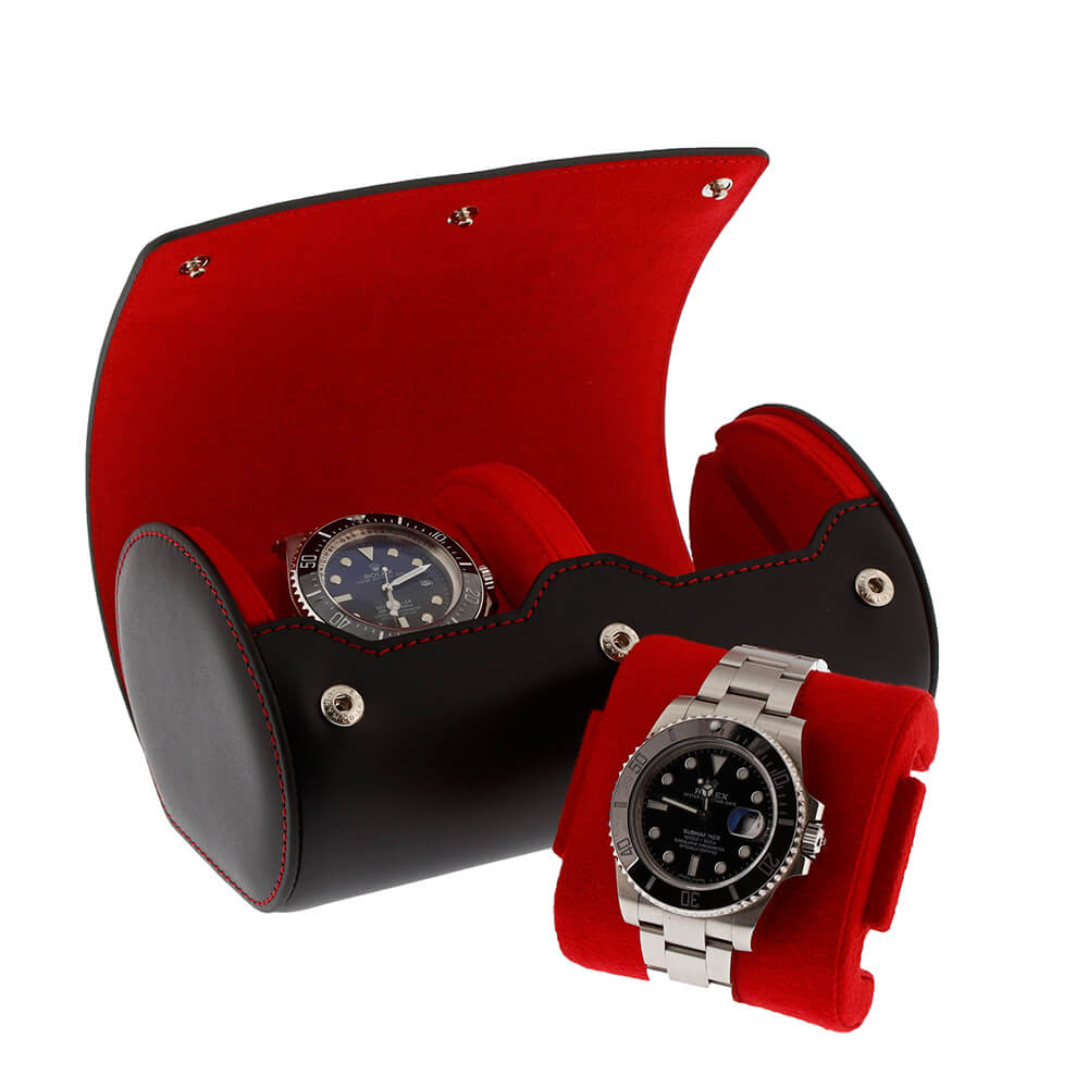 Double Watch Roll Case Premium Black Nappa Leather with Red Lining by Aevitas