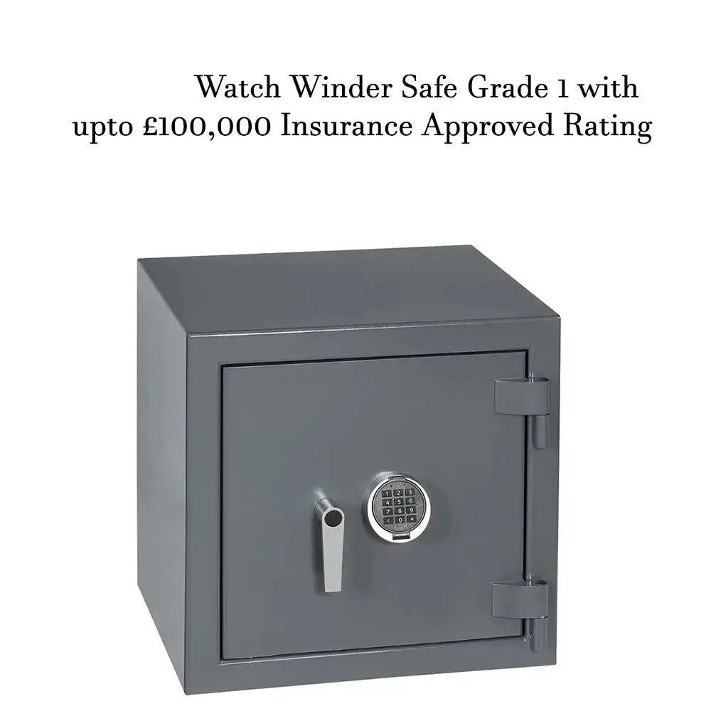 A gray Grade 1 Watch Winder Safe by Tempus Luxury Watch Winders, featuring premium leather, keypad lock, and handle. Insurance approved up to £100,000—ideal protection for your automatic watches.
