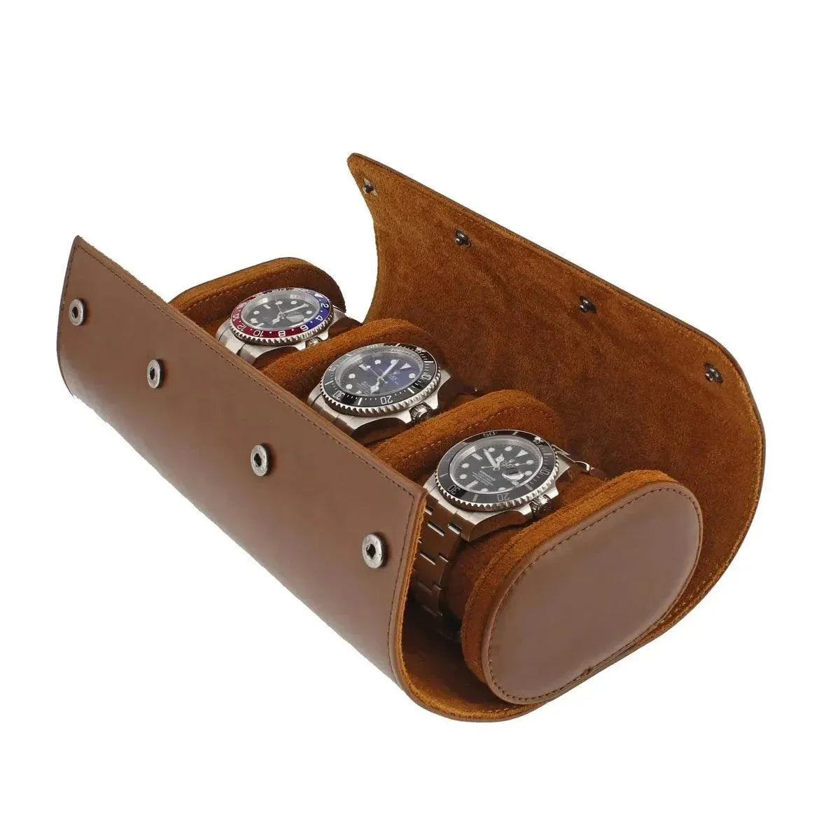 Premium Triple Watch Roll in Brown Leather with Super Soft Tan Suede Lining