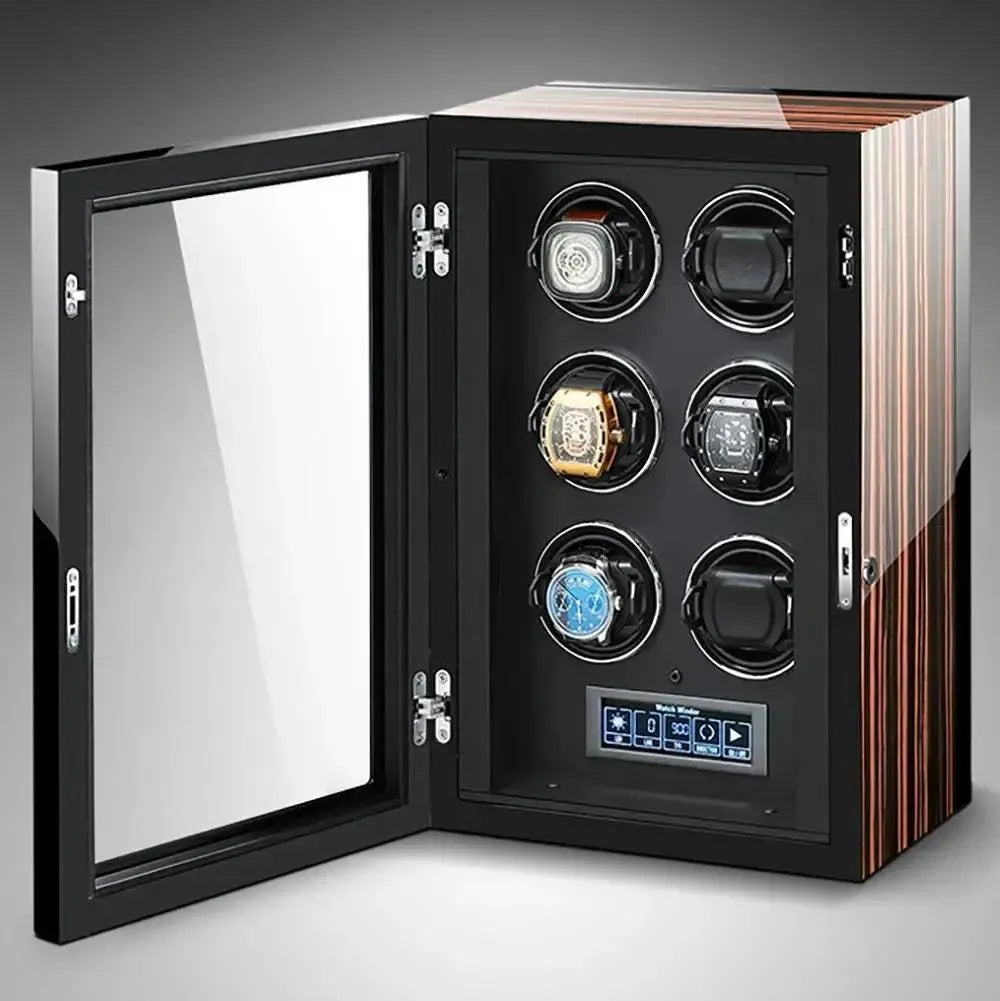 The Tempus 6 Watch Winder for Automatic Watches by Tempus Luxury Watch Winders features a glossy wood finish, glass door, six rotating slots, and a touch screen control panel for an elegant display and care of your timepieces.