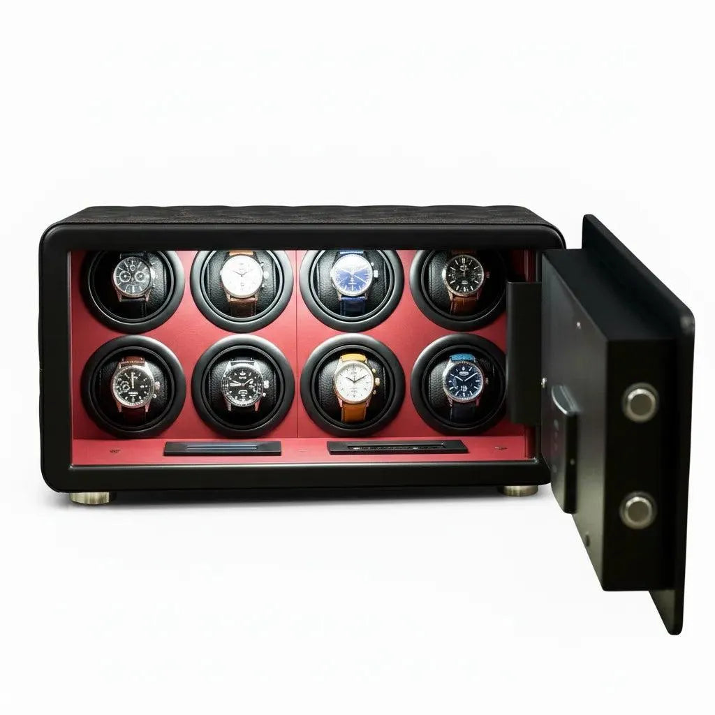 Tempus 8 watch winder safe, black leather with red interior, holding 8 watches, door open.