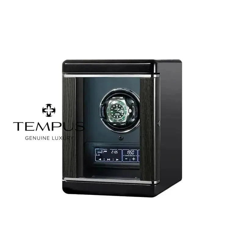 The Tempus Luxury Watch Winders Watch Winder for 1 Automatic Watch features a black and silver box, glass door, electronic control panel, remote control, and the Tempus Genuine Luxury logo on the left.