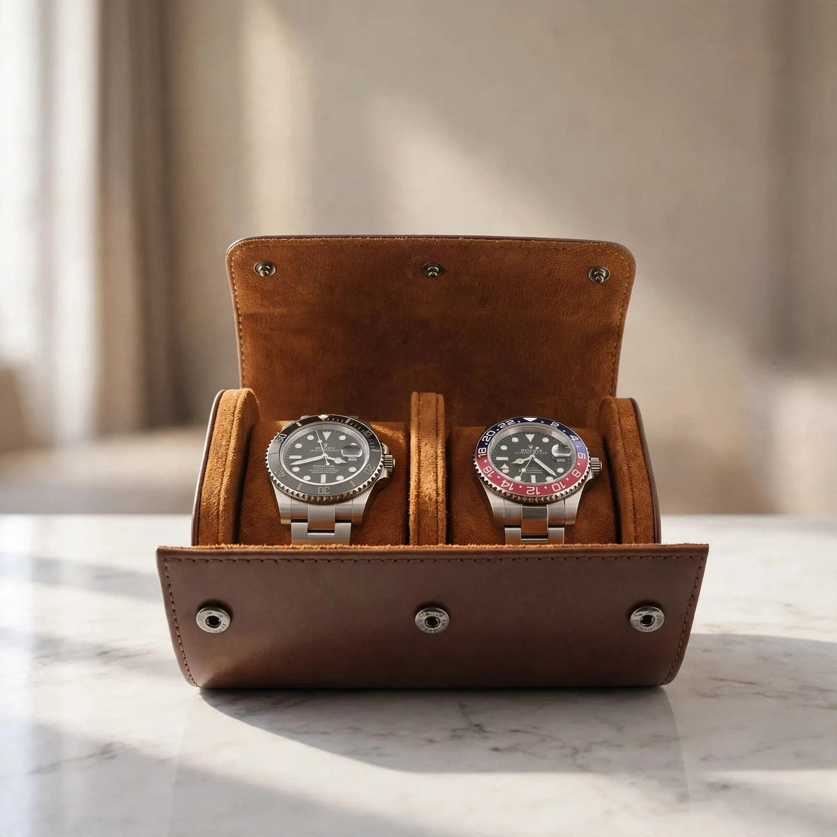 Tempus Double Watch Roll in Brown Leather