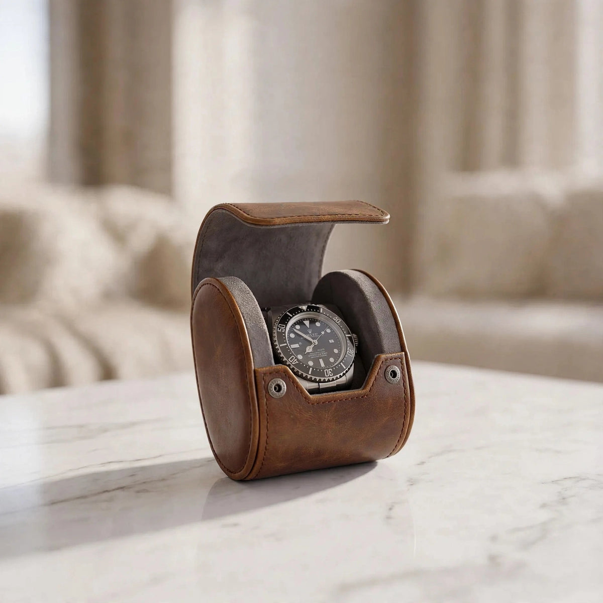 Tempus Single Watch Roll in Brown Leather