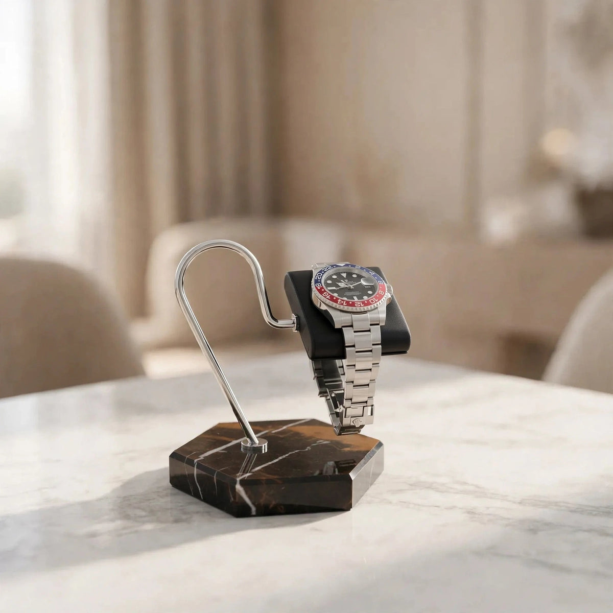 Tempus Watch Stand – Black Marble, Black Leather