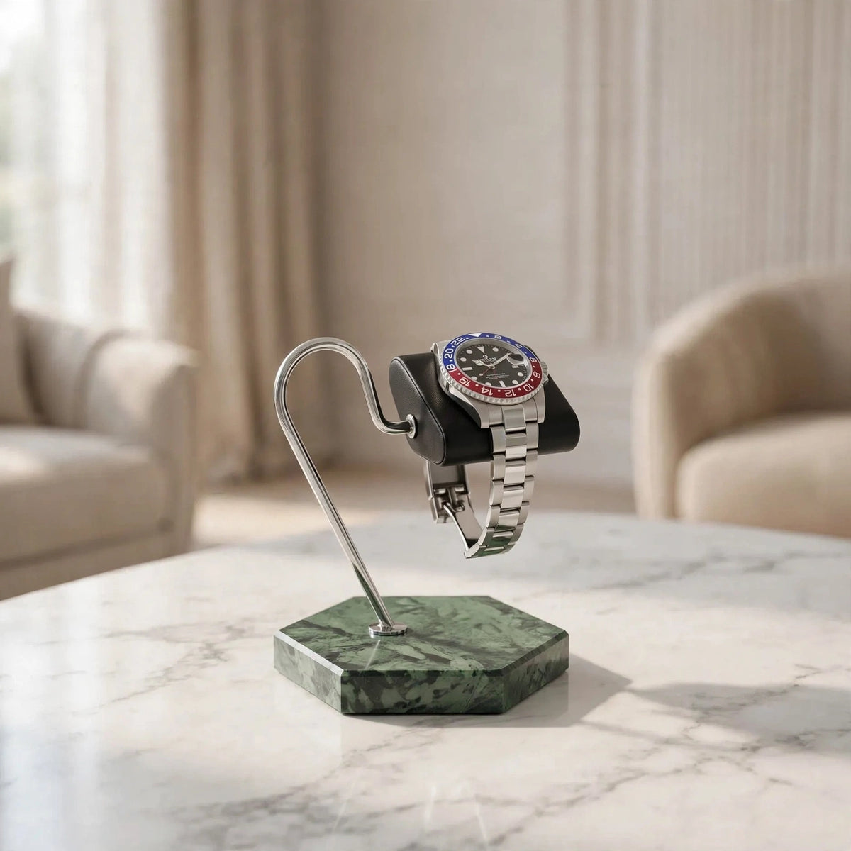 Tempus Watch Stand – Green Marble Hexagonal, Black Leather