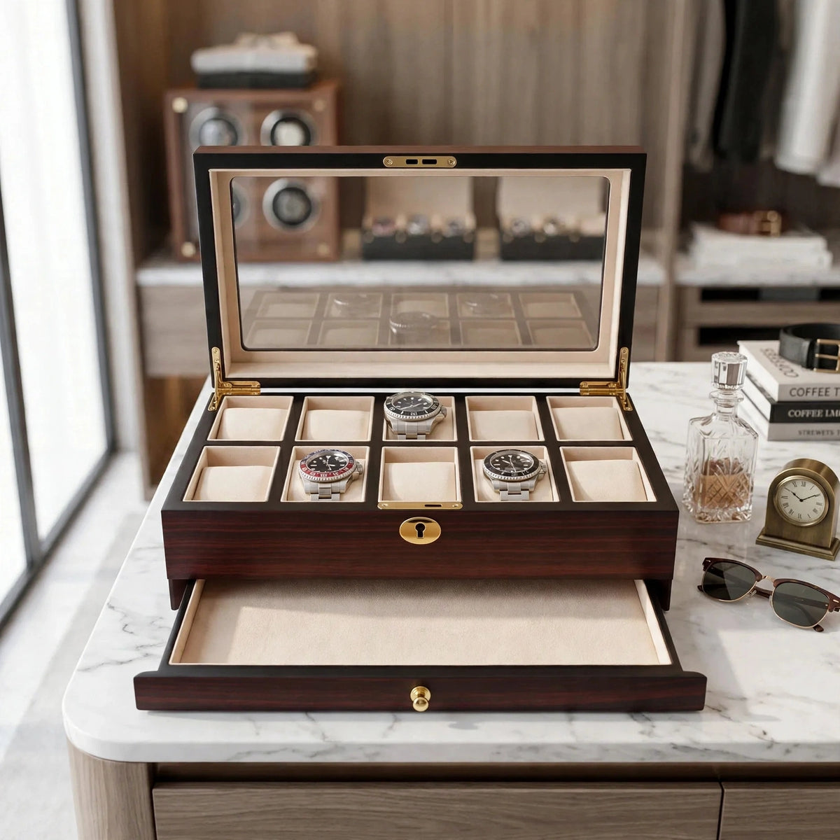 Tempus 10-Watch Box in Cherry Wood with Fingerprint Lock with