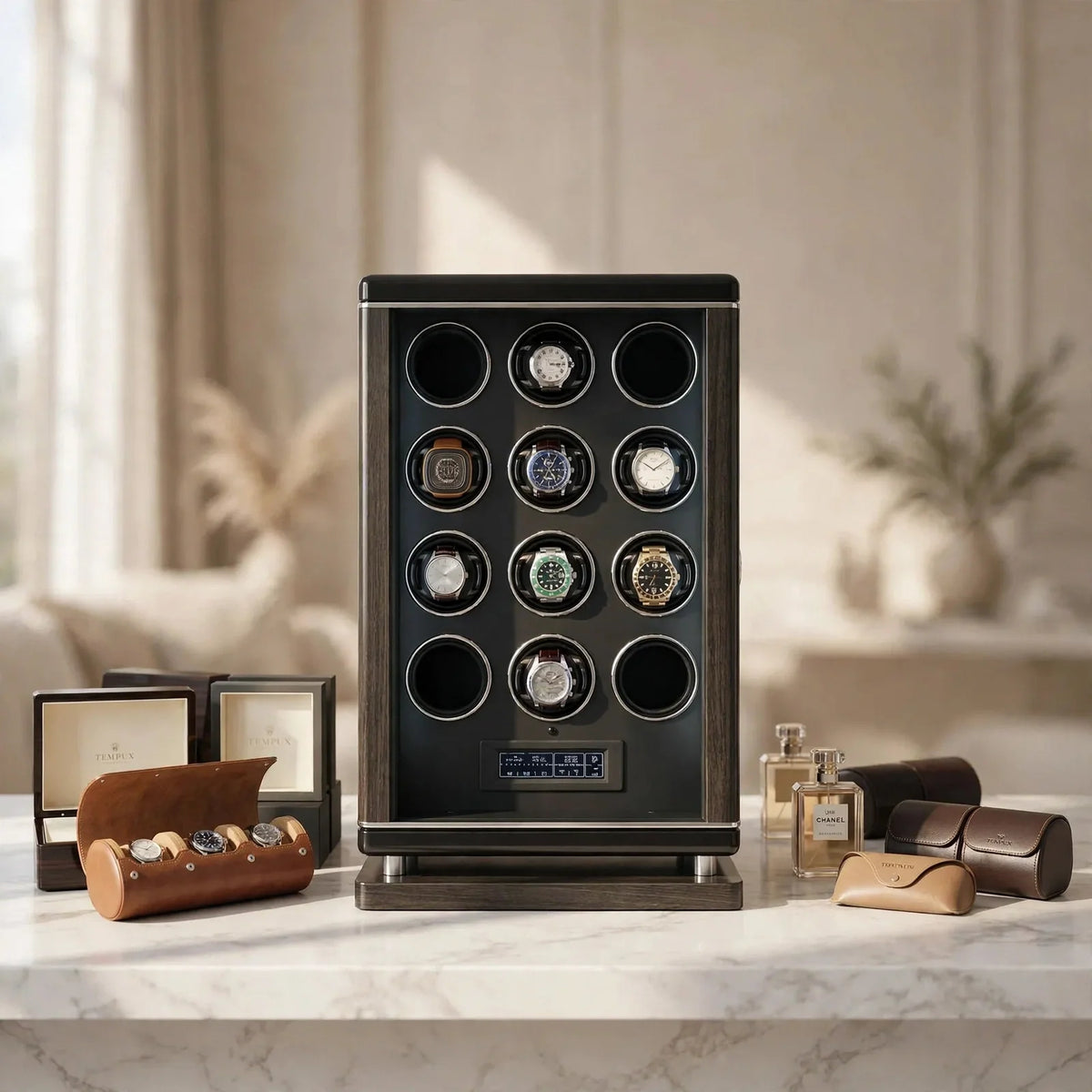 Tempus 12-Watch Automatic Winder with Biometric Lock in luxury setting