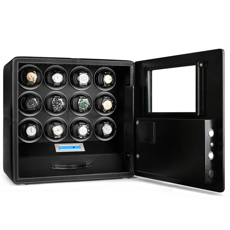 12 Watch Winder Safe Luxury Black Leather with Contrast Stitching by Aevitas - Reduced - Swiss Watch Store UK