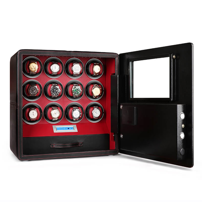 12 Watch Winder Safe Luxury Black Leather with Red Interior by Aevitas - Swiss Watch Store UK