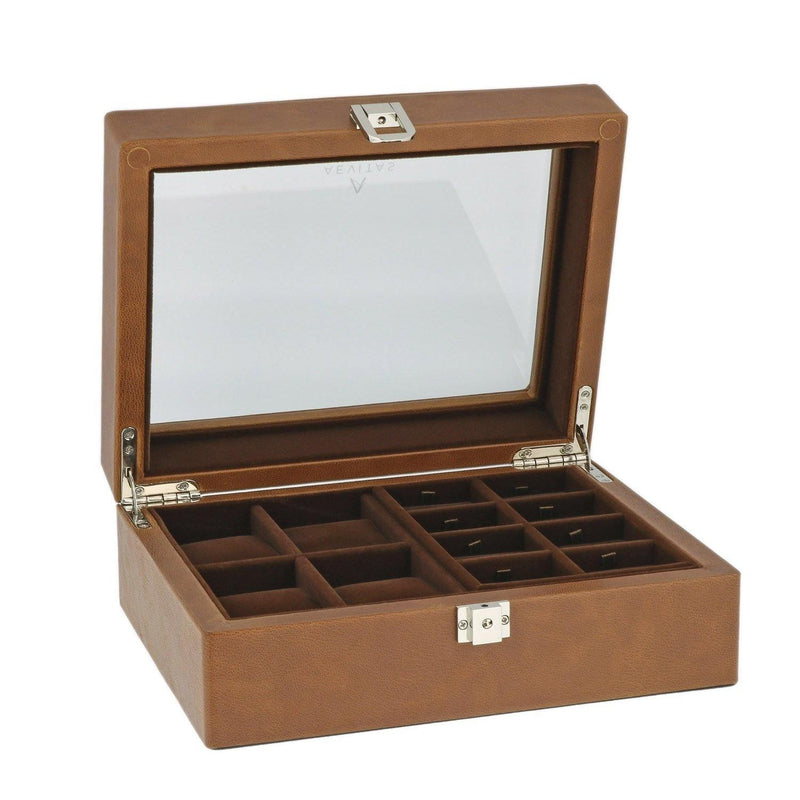 16 Cufflinks and 4 Piece Watch Box in Cognac Brown Genuine Leather Wood by Aevitas - Swiss Watch Store UK