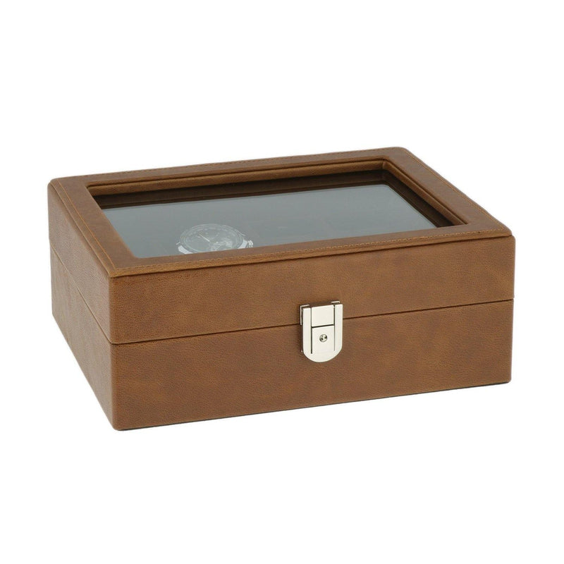 16 Cufflinks and 4 Piece Watch Box in Cognac Brown Genuine Leather Wood by Aevitas