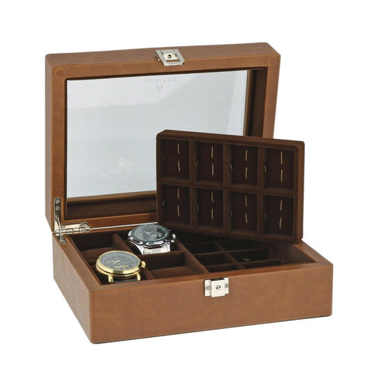 16 Cufflinks and 4 Piece Watch Box in Cognac Brown Genuine Leather Wood by Aevitas - Swiss Watch Store UK