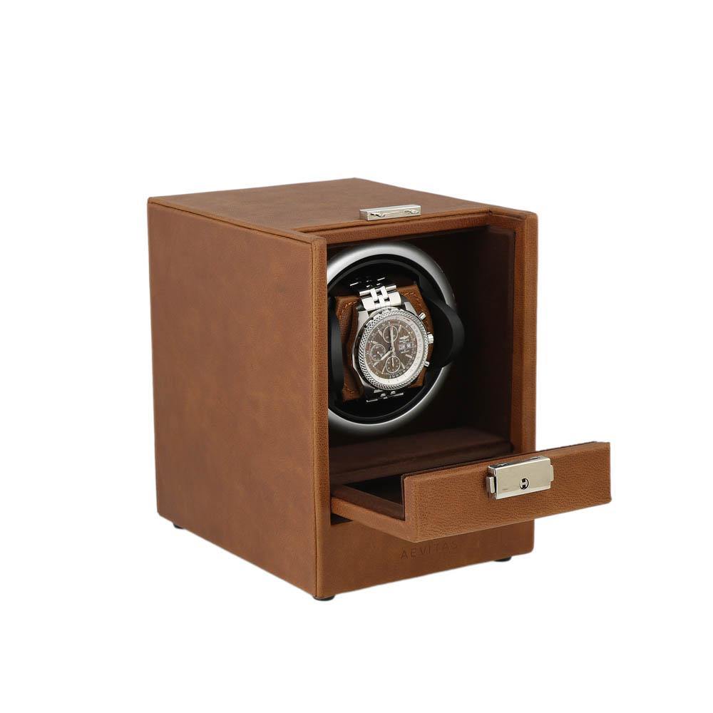 Cognac Brown Genuine Leather Watch Winder - Slide Away Door - Deep Brown Velvet Lining by Aevitas - Swiss Watch Store UK