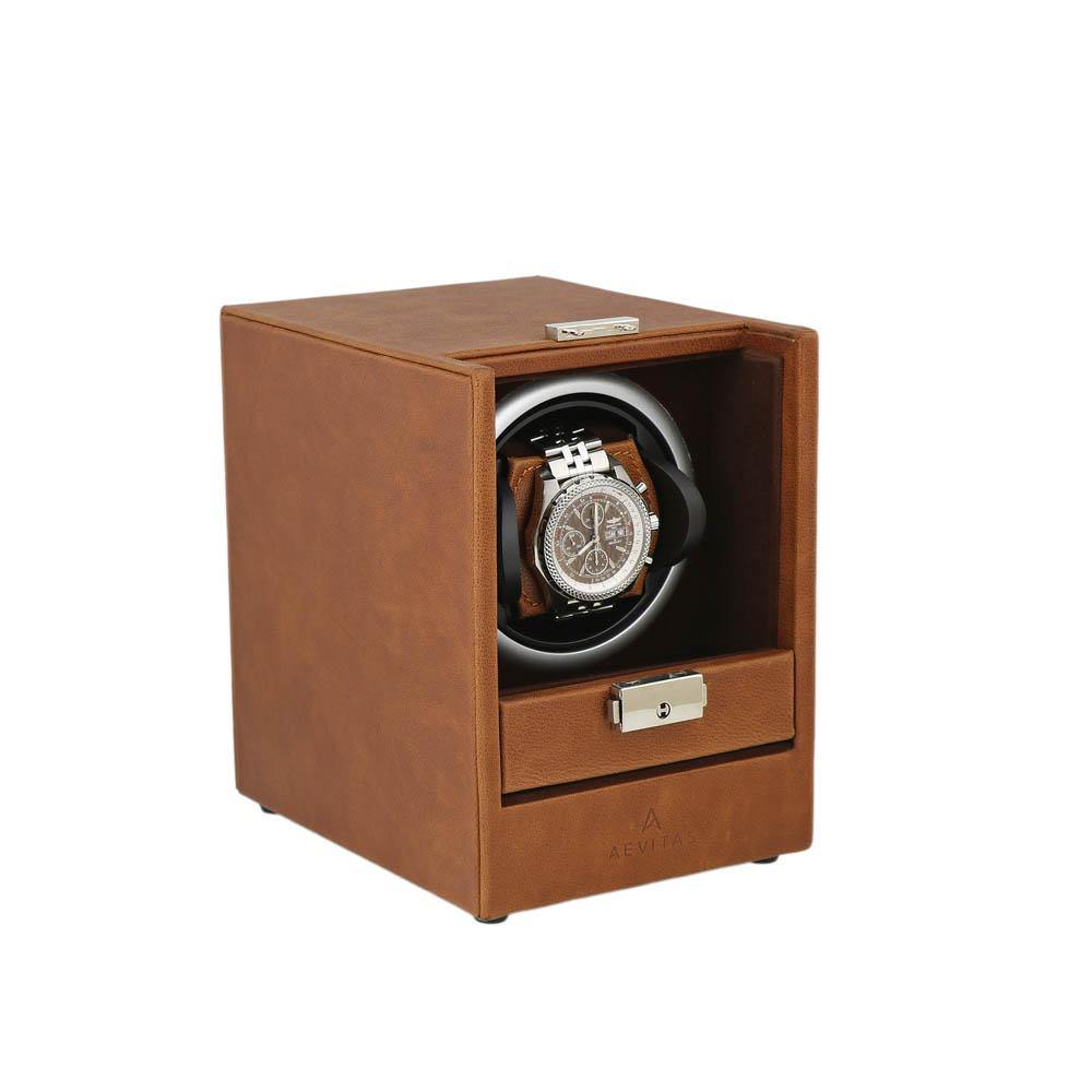 Cognac Brown Genuine Leather Watch Winder - Slide Away Door - Deep Brown Velvet Lining by Aevitas - Swiss Watch Store UK