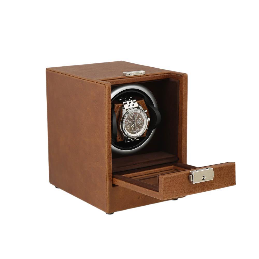 Cognac Brown Genuine Leather Watch Winder - Slide Away Door - Deep Brown Velvet Lining by Aevitas - Swiss Watch Store UK