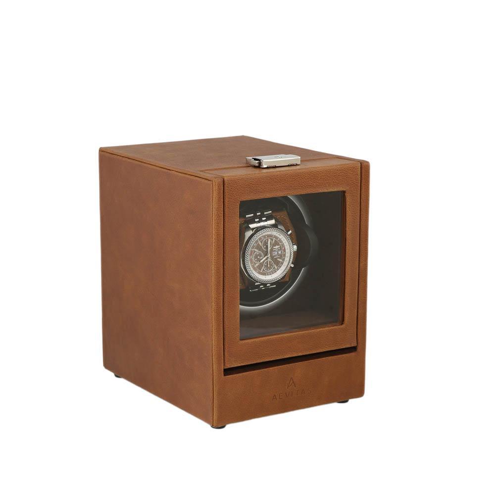 Cognac Brown Genuine Leather Watch Winder - Slide Away Door - Deep Brown Velvet Lining by Aevitas - Swiss Watch Store UK
