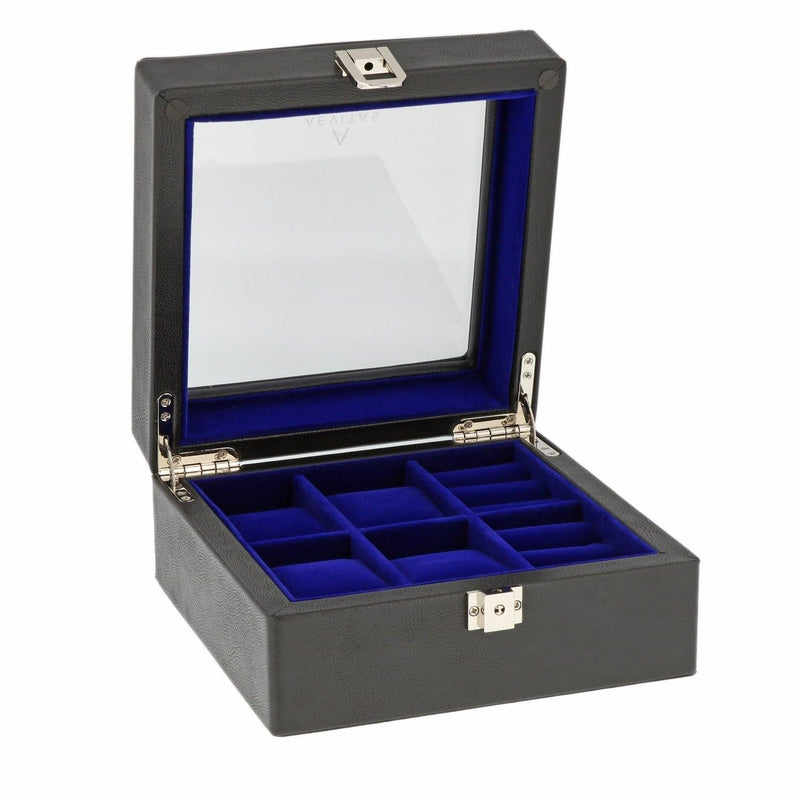 4 Cufflink 4 Watch Box Black Genuine Leather Blue Velvet Lining by Aevitas - Swiss Watch Store UK