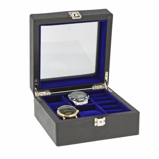 4 Cufflink 4 Watch Box Black Genuine Leather Blue Velvet Lining by Aevitas - Swiss Watch Store UK