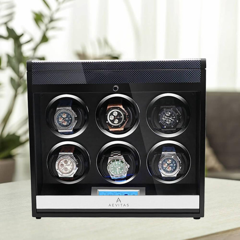 6 Watch Winder in Carbon Fibre with Extra Storage Area by Aevitas - Swiss Watch Store UK