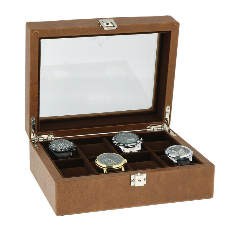 8 Watch Box Cognac Brown Genuine Leather Velvet Lining by Aevitas - Swiss Watch Store UK