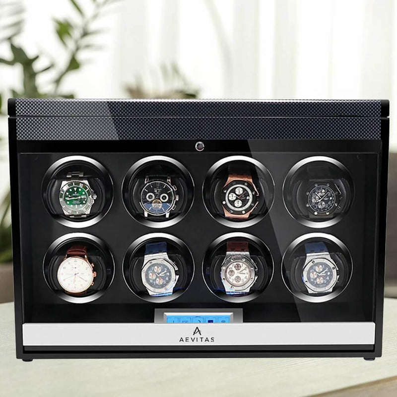 8 Watch Winder in Carbon Fibre Finish with Extra Storage by Aevitas - Swiss Watch Store UK