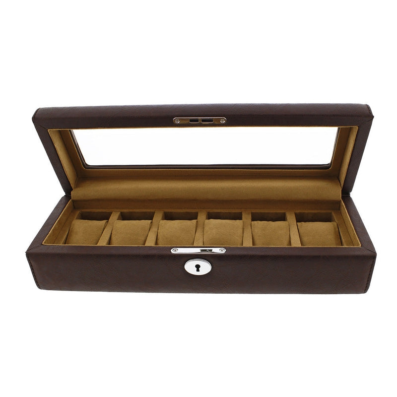 Brown Leather 6 Watch Box with Glass Lid Premium Quality by Aevitas - Swiss Watch Store UK