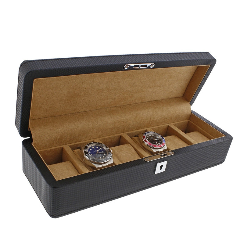 Carbon Fibre Leather Watch Box Premium Quality 6 Watches by Aevitas - Swiss Watch Store UK