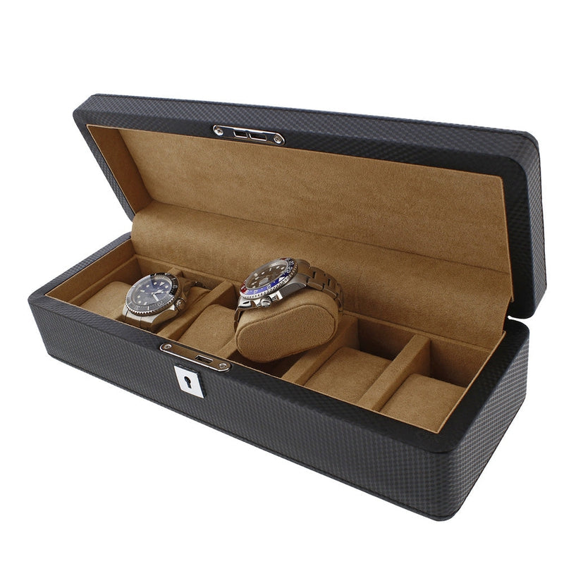 Carbon Fibre Leather Watch Box Premium Quality 6 Watches by Aevitas - Swiss Watch Store UK