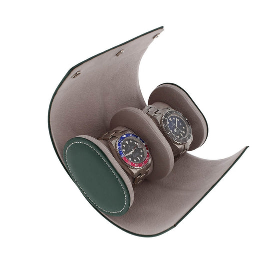 Double Watch Roll in Green Leather with Super Soft Lining