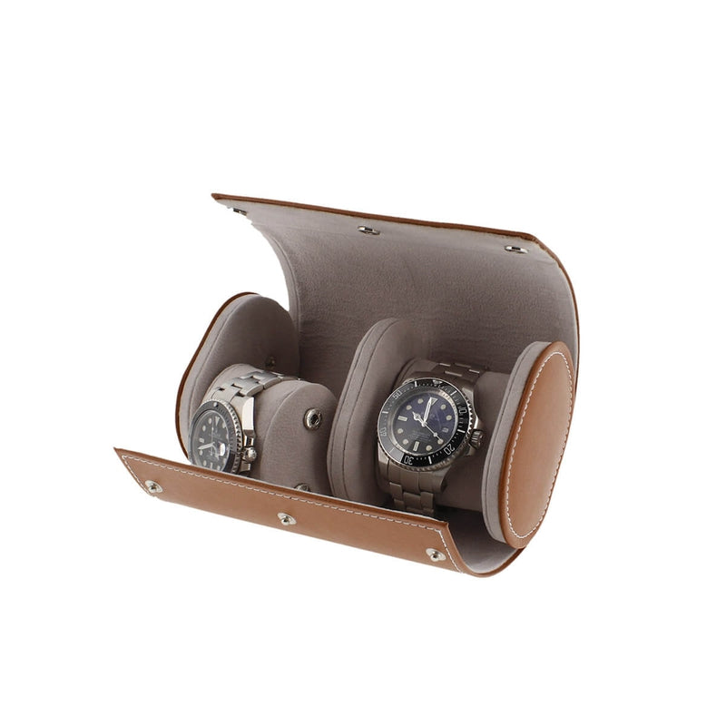 Double Watch Roll in Medium Brown Leather with Super Soft Lining - Swiss Watch Store UK