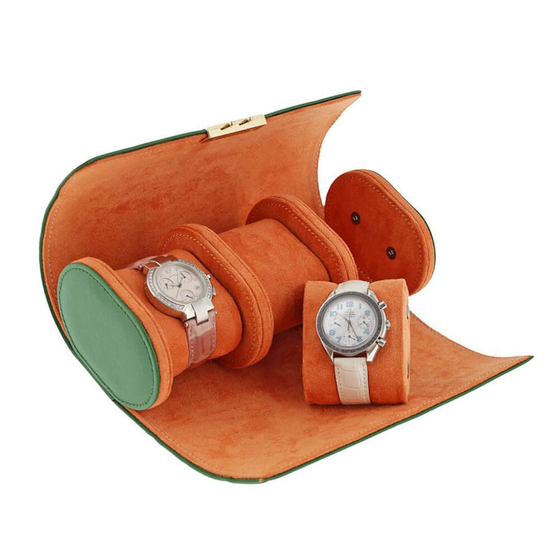 Premium Ladies 3 Watch Roll in Emerald Green Saffiano Leather Soft Orange Lining