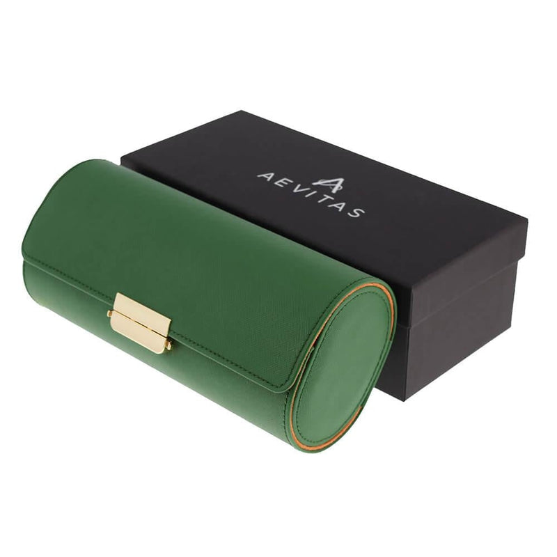 Premium Ladies 3 Watch Roll in Emerald Green Saffiano Leather Soft Orange Lining