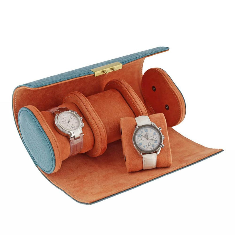 Premium Ladies 3 Watch Roll in Teal Blue Croc Leather Soft Orange Lining