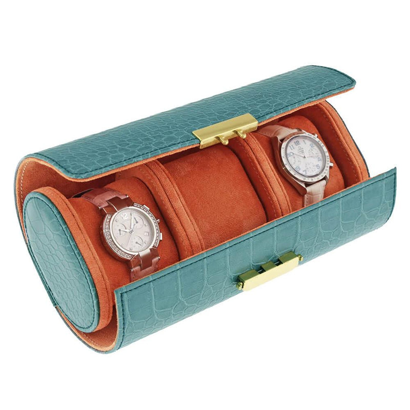 Premium Ladies 3 Watch Roll in Teal Blue Croc Leather Soft Orange Lining