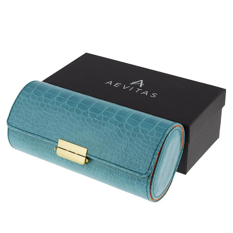 Premium Ladies 3 Watch Roll in Teal Blue Croc Leather Soft Orange Lining