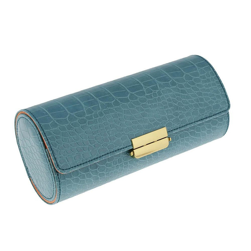 Premium Ladies 3 Watch Roll in Teal Blue Croc Leather Soft Orange Lining