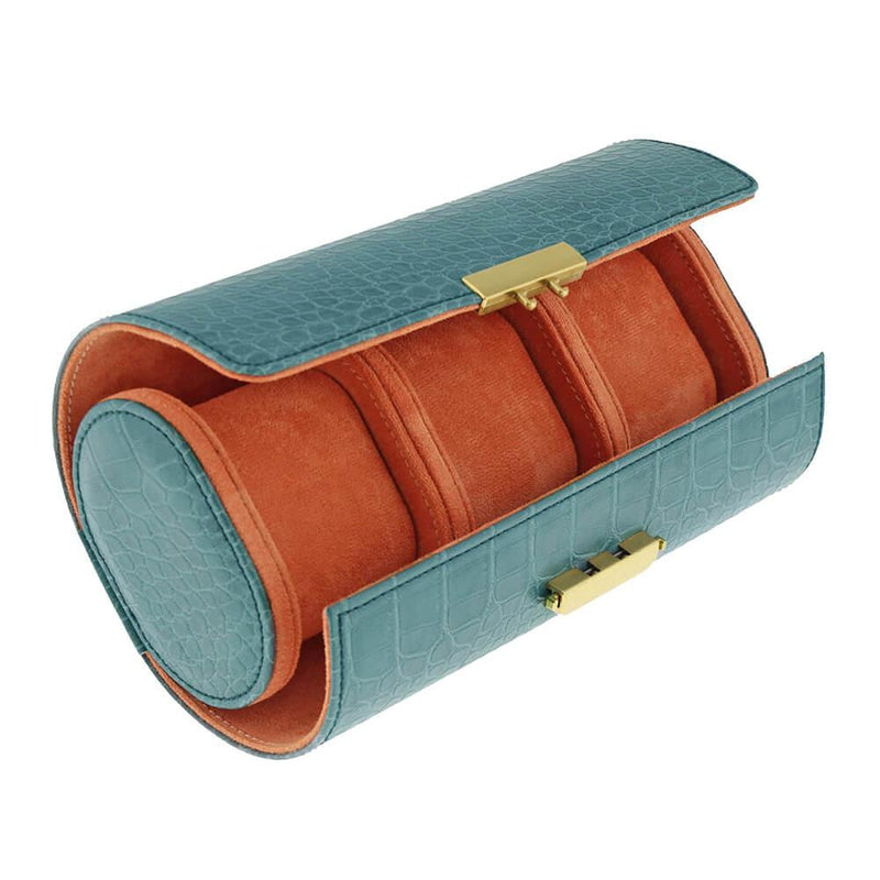 Premium Ladies 3 Watch Roll in Teal Blue Croc Leather Soft Orange Lining