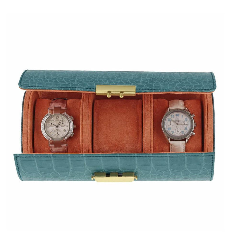 Premium Ladies 3 Watch Roll in Teal Blue Croc Leather Soft Orange Lining