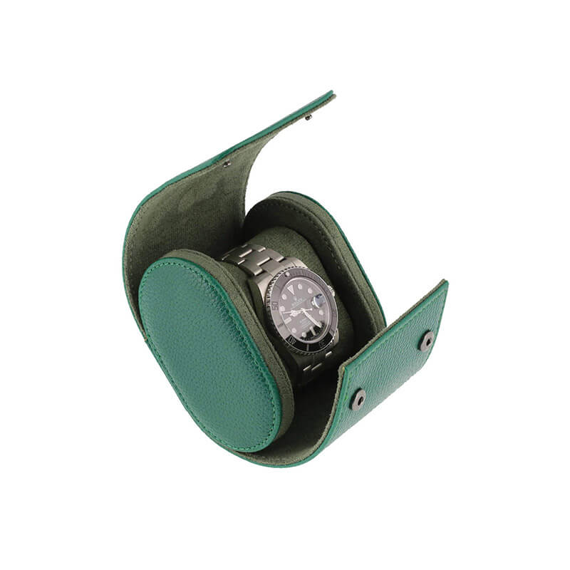 Premium Single Watch Roll Green Leather with Super Soft Suede Lining - Swiss Watch Store UK