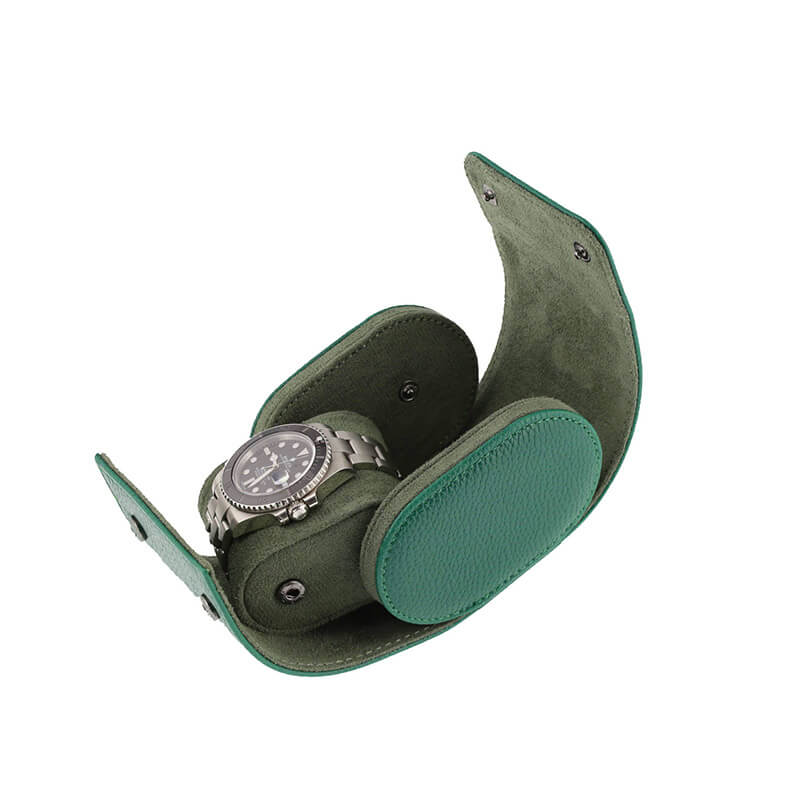 Premium Single Watch Roll Green Leather with Super Soft Suede Lining - Swiss Watch Store UK