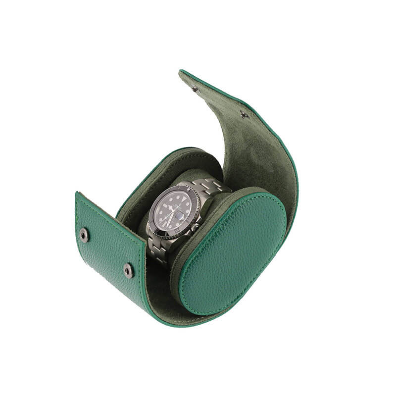 Premium Single Watch Roll Green Leather with Super Soft Suede Lining - Swiss Watch Store UK