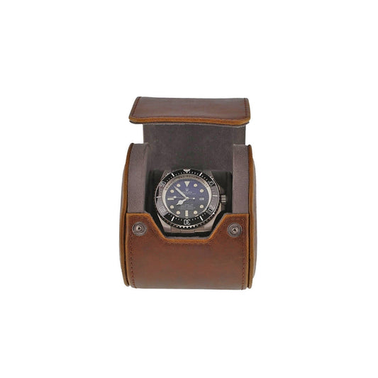 Premium Single Watch Roll Vintage Brown Leather Super Soft Grey Suede Lining - Swiss Watch Store UK