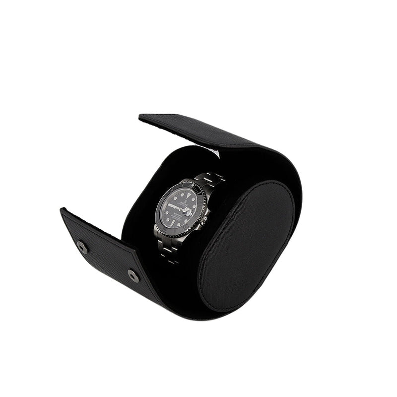 Premium Single Watch Roll in Black Saffiano Leather Super Soft Black Lining - Swiss Watch Store UK