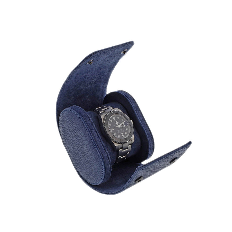 Premium Single Watch Roll in Blue Leather with Super Soft Suede Lining - Swiss Watch Store UK